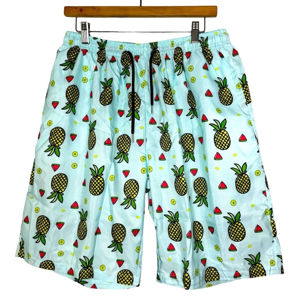 New Menโs Board Shorts XL, Drawstring, Light Blue w/ Pineapples & Watermelon